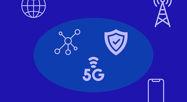 CBRS themed graphic featuring 5G, security shield, and RF network icons on blue gradient background