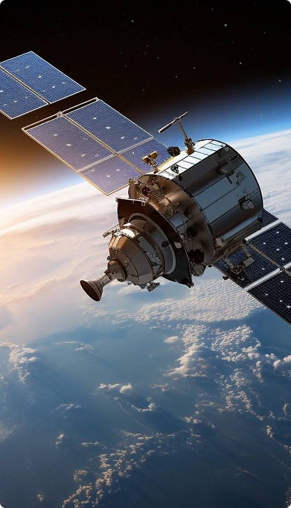 Orbital satellite equipped with solar arrays representing aerospace and defence communication links