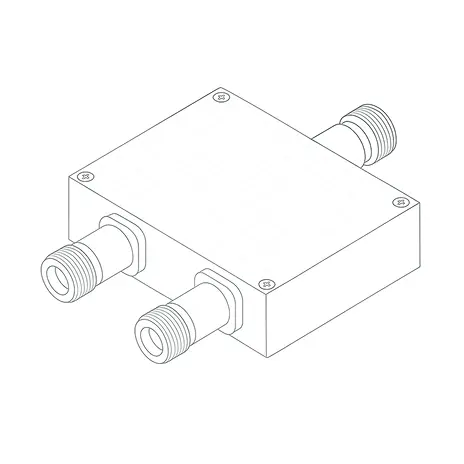 Top-view line-drawing of a compact RF splitter module featuring dual SMA ports and a sealed enclosure for defence-grade systems.
