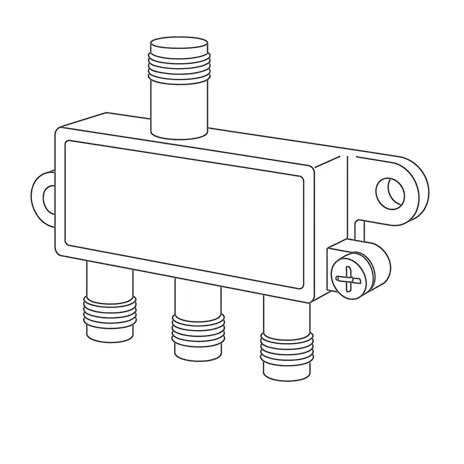 Technical line-drawing of a multiport RF distribution block with threaded connectors and mounting flange for communication systems.