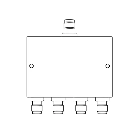 Front-view line-drawing of a five-port RF junction unit with central input connector and multiple output ports for signal routing.