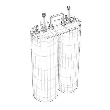 Wireframe rendering of a dual-cylinder bandpass filter assembly with top-mounted tuning hardware