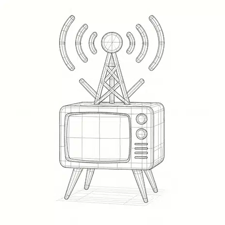 Wireframe illustration of a retro television with a broadcast tower emitting RF waves on top