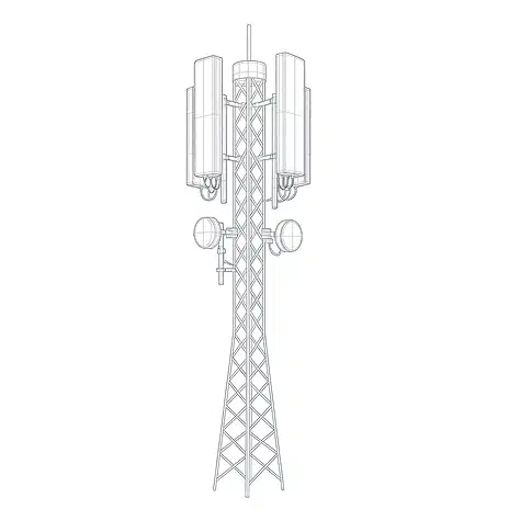 Wireframe illustration of a tall cellular tower with multiple panel antennas mounted on a lattice mast