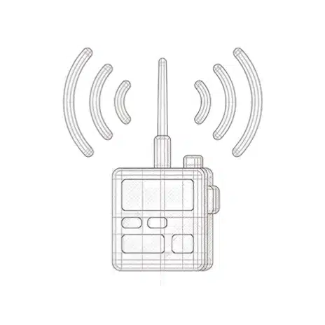 Wireframe drawing of a handheld tactical radio with antenna and radiating signal waves
