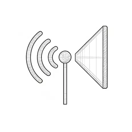 Wireframe drawing of a directional wireless dish antenna emitting radio signal waves