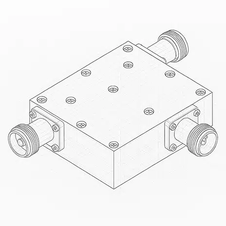 Wireframe illustration of a square hybrid RF coupler with four connector ports