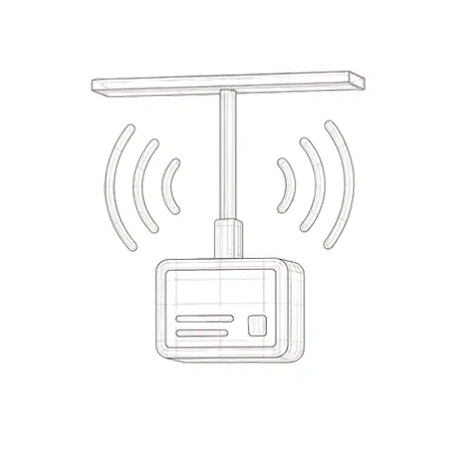 Wireframe illustration of a ceiling-mounted indoor antenna emitting wireless signal waves