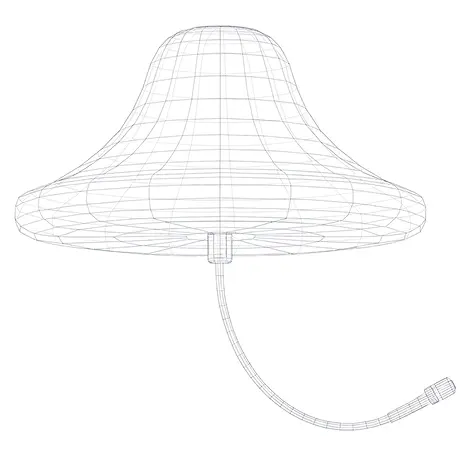 Wireframe illustration of an indoor ceiling-mounted DAS antenna with a curved dome shape