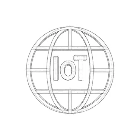 Wireframe globe icon with grid lines and the letters IoT centered inside