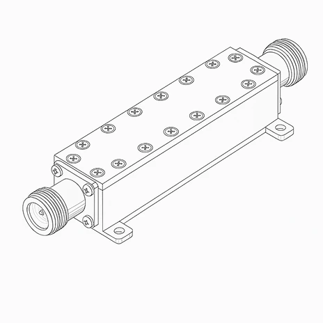 Wireframe drawing of a rectangular low-pass RF filter with connectors on each end