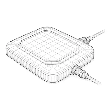 Wireframe rendering of a compact low-profile antenna with dual cable connectors