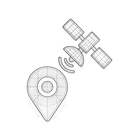 Wireframe illustration of a satellite transmitting signals to a location pin receiver