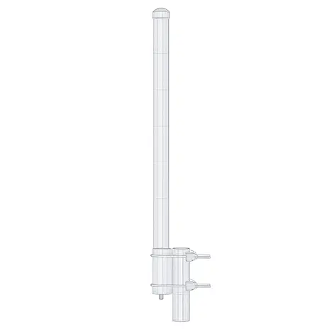 Wireframe illustration of a vertical omnidirectional antenna with mounting brackets