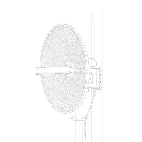 Wireframe rendering of a large parabolic dish antenna mounted on a pole