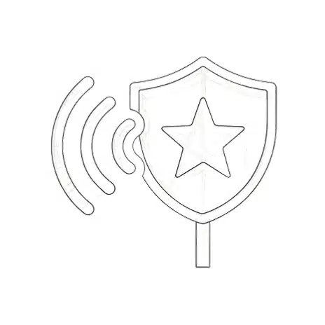 Wireframe shield icon with star emblem and adjacent radiating wireless signal waves