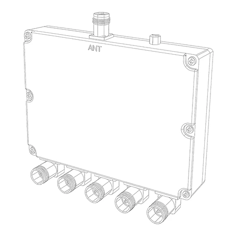 Wireframe illustration of a multi-port RF multiplexer with five or more connectors