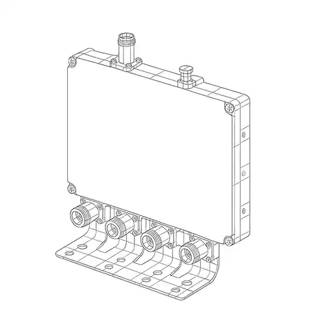Wireframe drawing of a quadplexer unit with four RF ports on a flanged mounting base