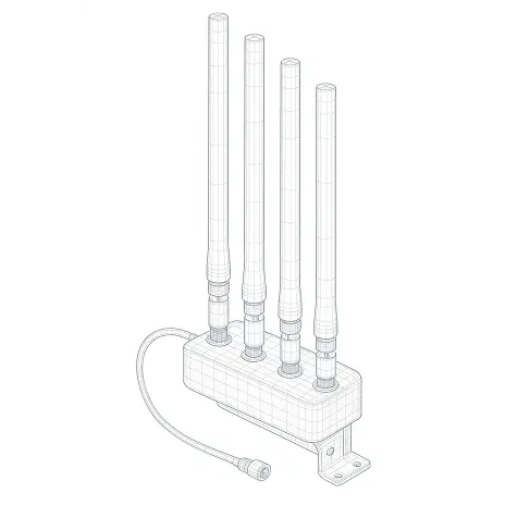 Wireframe drawing of a four-element manpack antenna array on a compact housing with cable