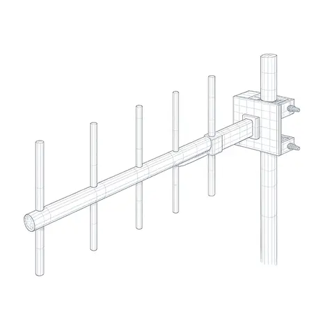 Wireframe illustration of a Yagi antenna with multiple elements on a horizontal boom