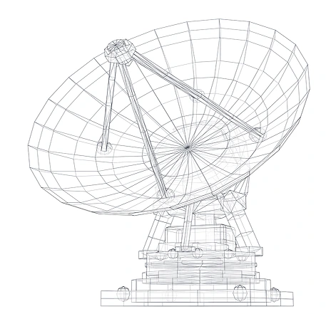 Technical wireframe drawing of large parabolic RF antenna dish on stabilized tracking mount