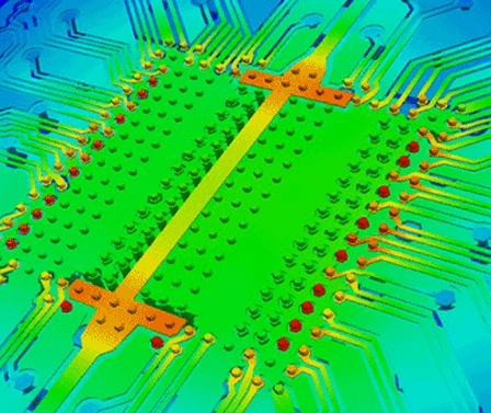 Electromagnetic simulation heatmap showing RF field distribution across complex PCB structure