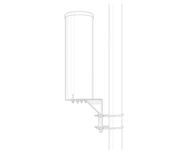 Detailed line sketch of cylindrical RF antenna mounted on pole with precision hardware