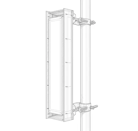 Technical line drawing of rugged RF panel antenna mounted on vertical support structure
