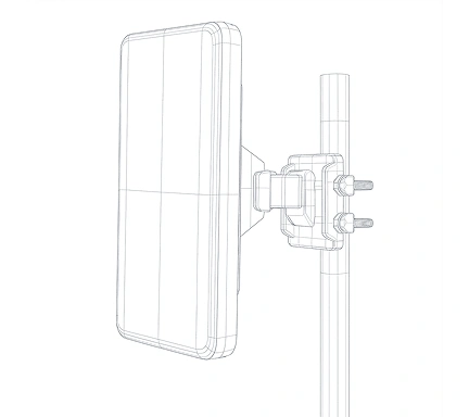 Technical line drawing of rugged outdoor RF panel antenna mounted on pole hardware