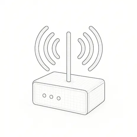 Line drawing of a wireless RF device with an antenna and signal waves.